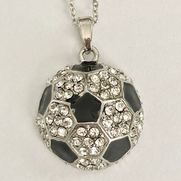 Soccer Ball Black Enamel Clear Crystal Silver Chain Necklace Jewelry Futball 19" - Picture 3 of 9